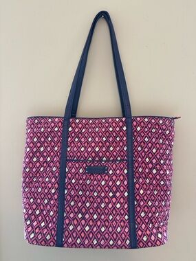 Vera Bradley Pink Geometric Quilted Tote with Navy Trim